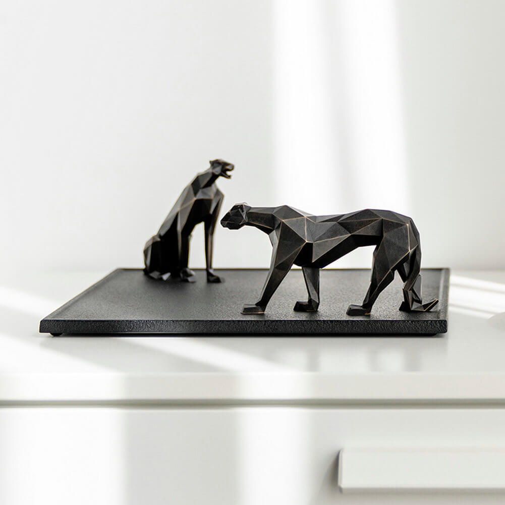 Leopard Sculpture Bronze Geometric Design Table Animal Artwork